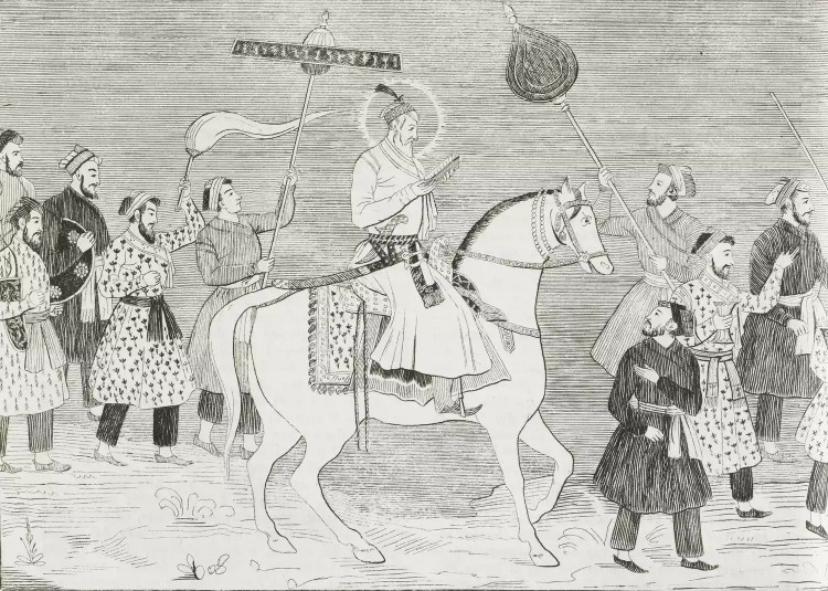 Engraving (1848) of Emperor Aurangzeb with his retenue.