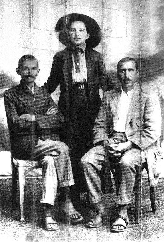 M.K. Gandhi, Sonia Schlesin (Gandhi's secretary), and Hermann Kallenbach (1913). M.K. Gandhi, Sonia Schlesin (Gandhi's secretary), and Hermann Kallenbach (1913).