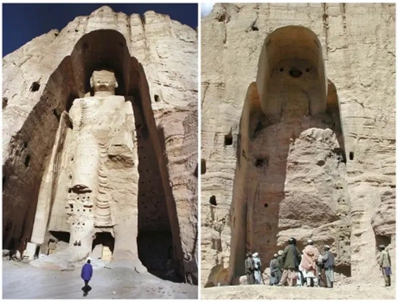Left: 55-metre Western Buddha before destruction. Right: 38-metre Eastern Buddha site after image destroyed by the Taliban. Bamyan Buddhas
