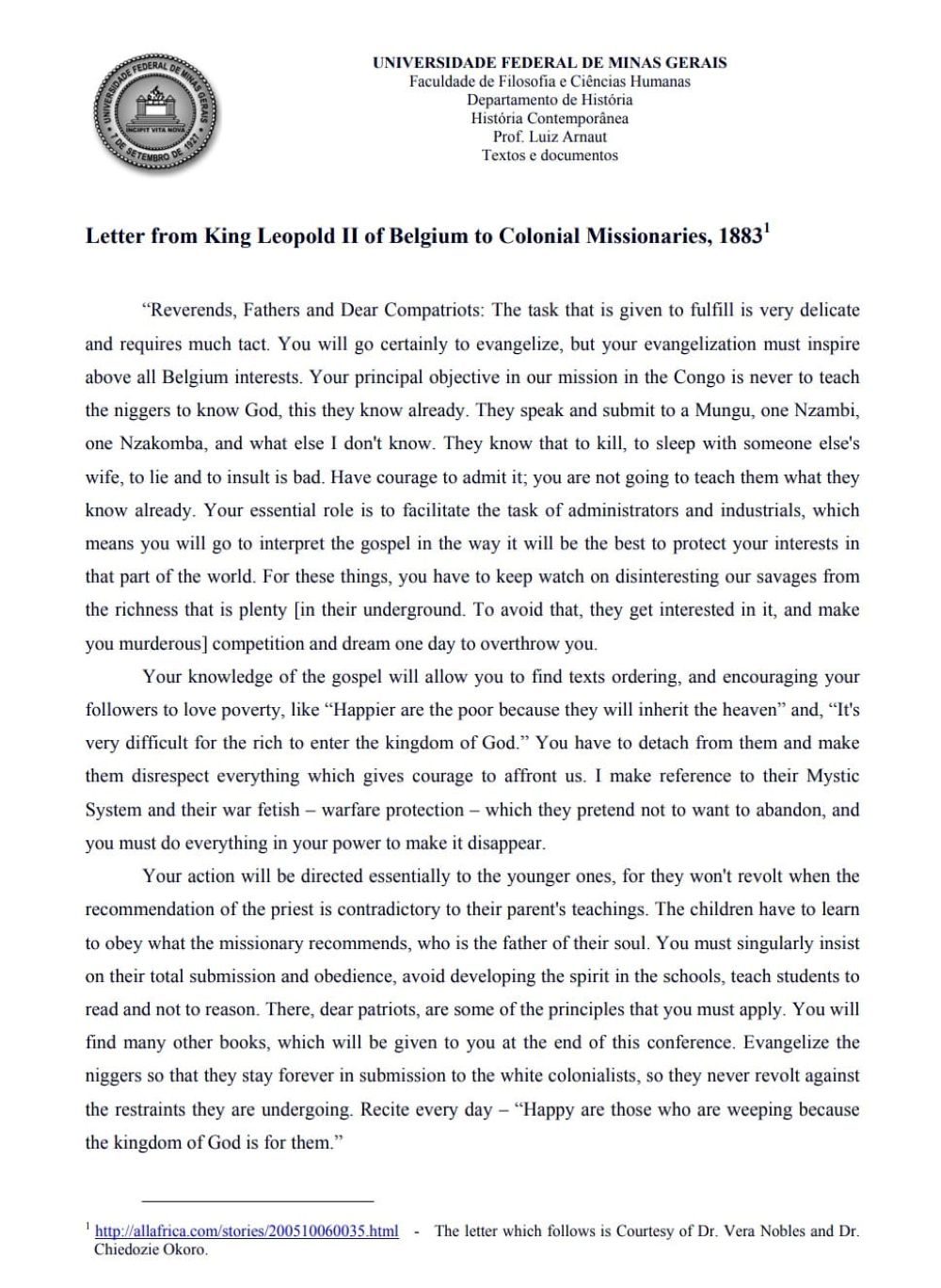 Leopold II Letter to Missionaries in the Congo (1883).