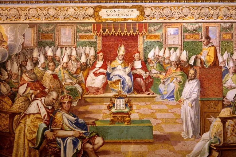 Council of Nicaea: Cult of Jesus as a god equal to Apollo was created by Emperor Constantine and some 300 bishops of the Empire at this first Christian council in Nicaea in the year 325. The first compiled Bible was published soon after. Council of Nicea