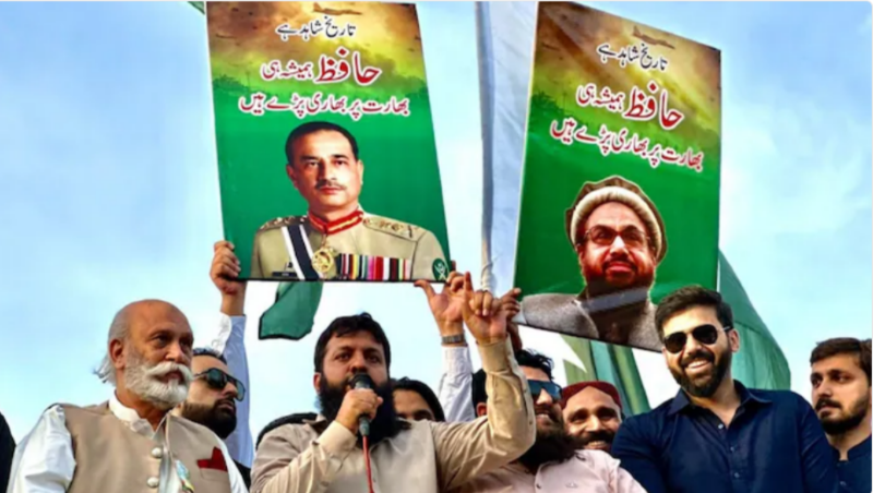 Posters of Pakistan Field Marshal Asim Munir and terrorist Hafiz Saeed are displayed at anti-India rallies. Pakistan Anti-India Rally