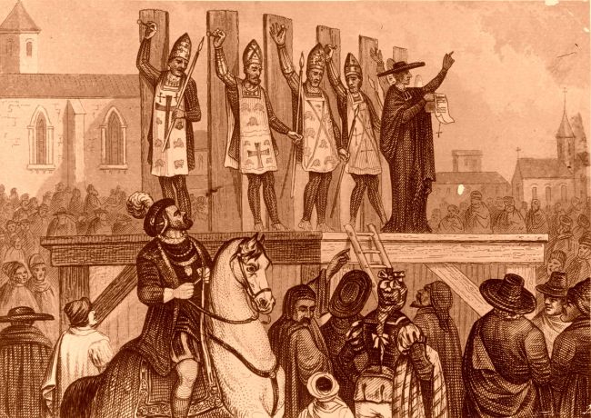 Goa Inquisition: Victims with their hands nailed to posts await the Portuguese priest's judgement. They will later be burned at the stake in the center of Old Goa. The victims are Hindus, Jews and lapsed Christian converts. Goa Inquisition: Hindu victims with their hands nailed to posts await the Portuguese priest's judgement. They will later be burned at the stake in the center of Old Goa.