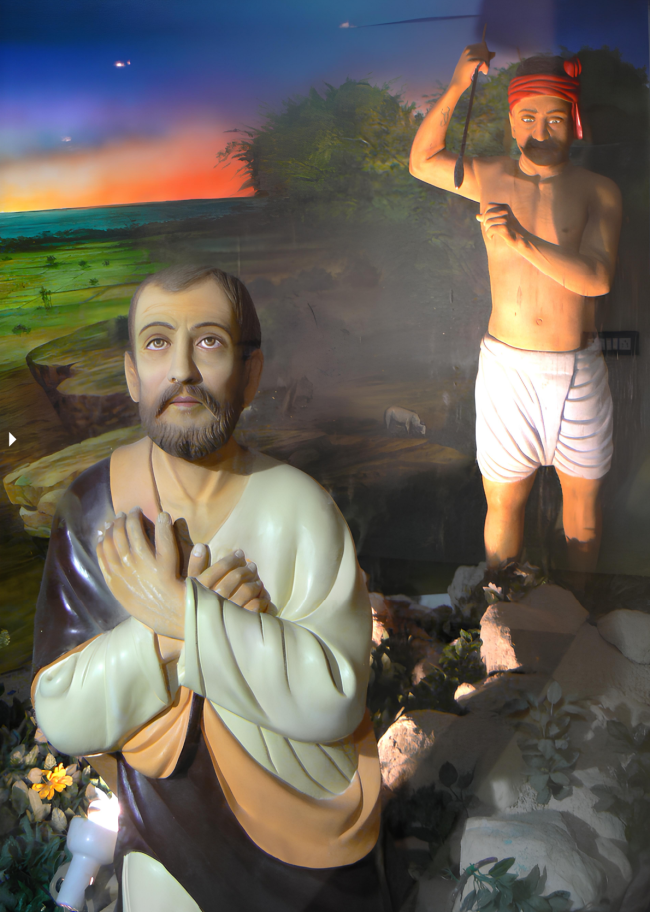 Diorama in San Thome Cathedral: The story of the assassination of St. Thomas by a Brahmin priest is a vicious blood libel on the Hindu community. The story was concocted by the Portuguese to cover up their destruction of the Kapaleeshwara Shiva Temple in the 16th century when they forcefully occupied and ravaged Mylapore. Thomas and Assassin