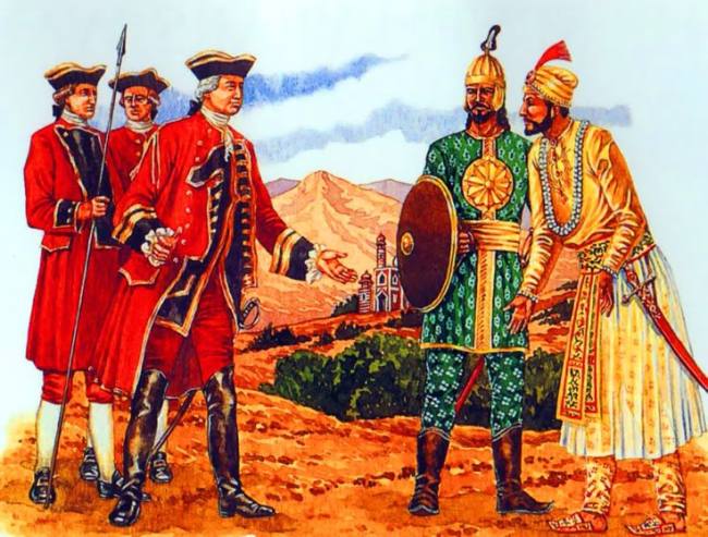 A traitorous Mir Jafar conspires with Robert Clive after the Battle of Plassey. Robert Clive meets Mir Jafar
