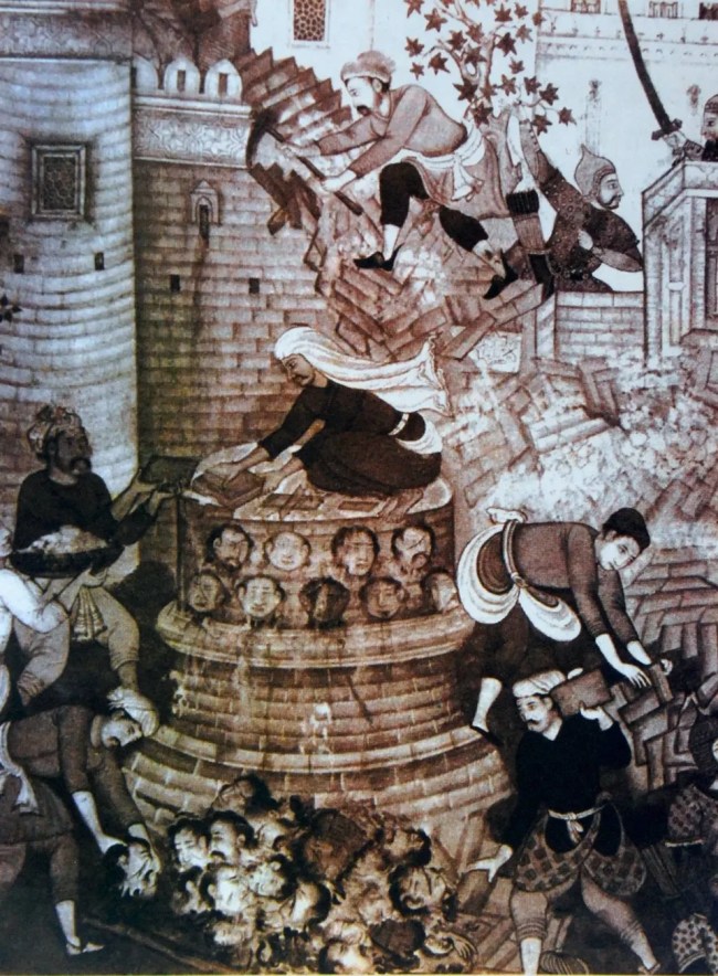 Tower of Hindu heads as depicted in the Akbarnama. Tower of Hindu heads as depicted in Akbarnama.