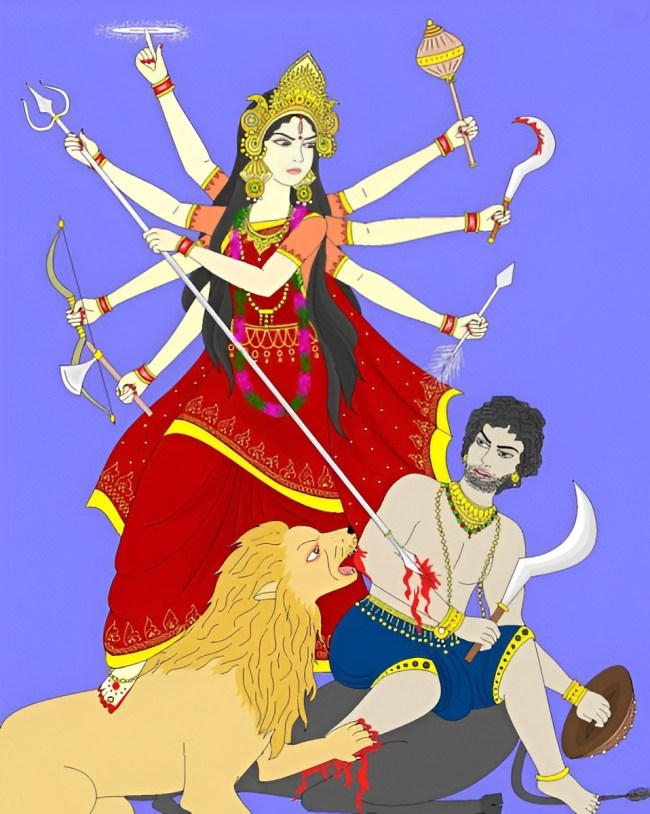 Durga slaying the buffalo demon Mahishasura. Durga