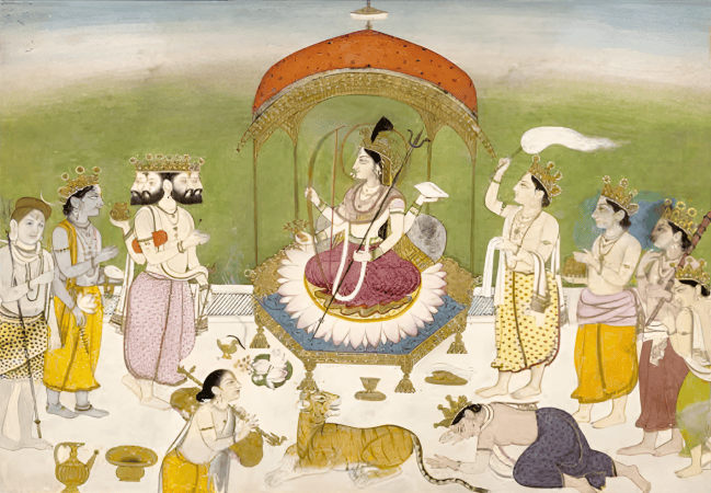 Brahma, Vishnu, Shiva, Indra and other devas pray to Durga.