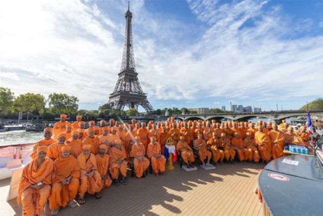 Swaminarayan monks at the Eiffel Tower, Paris.