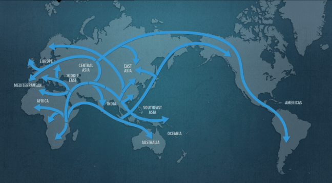 CLICK IMAGE FOR DETAILED MIGRATION MAP Human migration out of Africa.